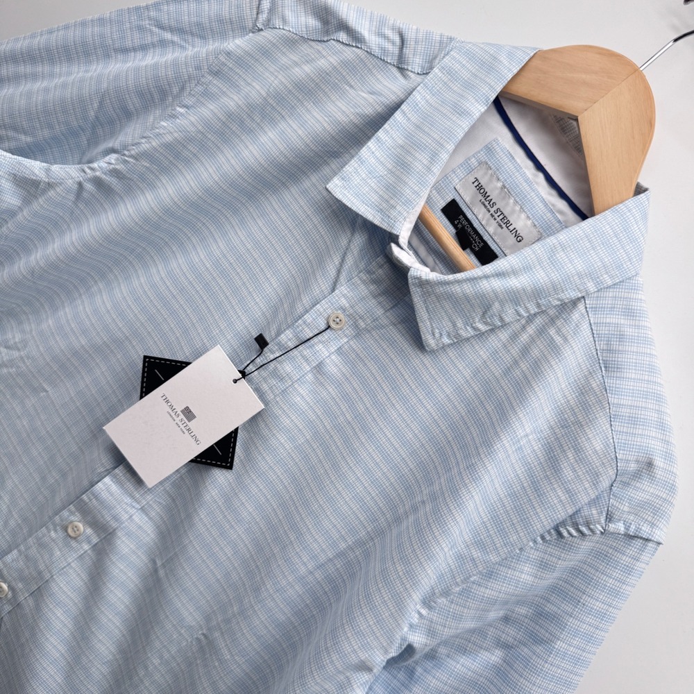 Thomas Sterling Dress Shirt Mens Medium Blue White Fine Pattern Performance 4Way